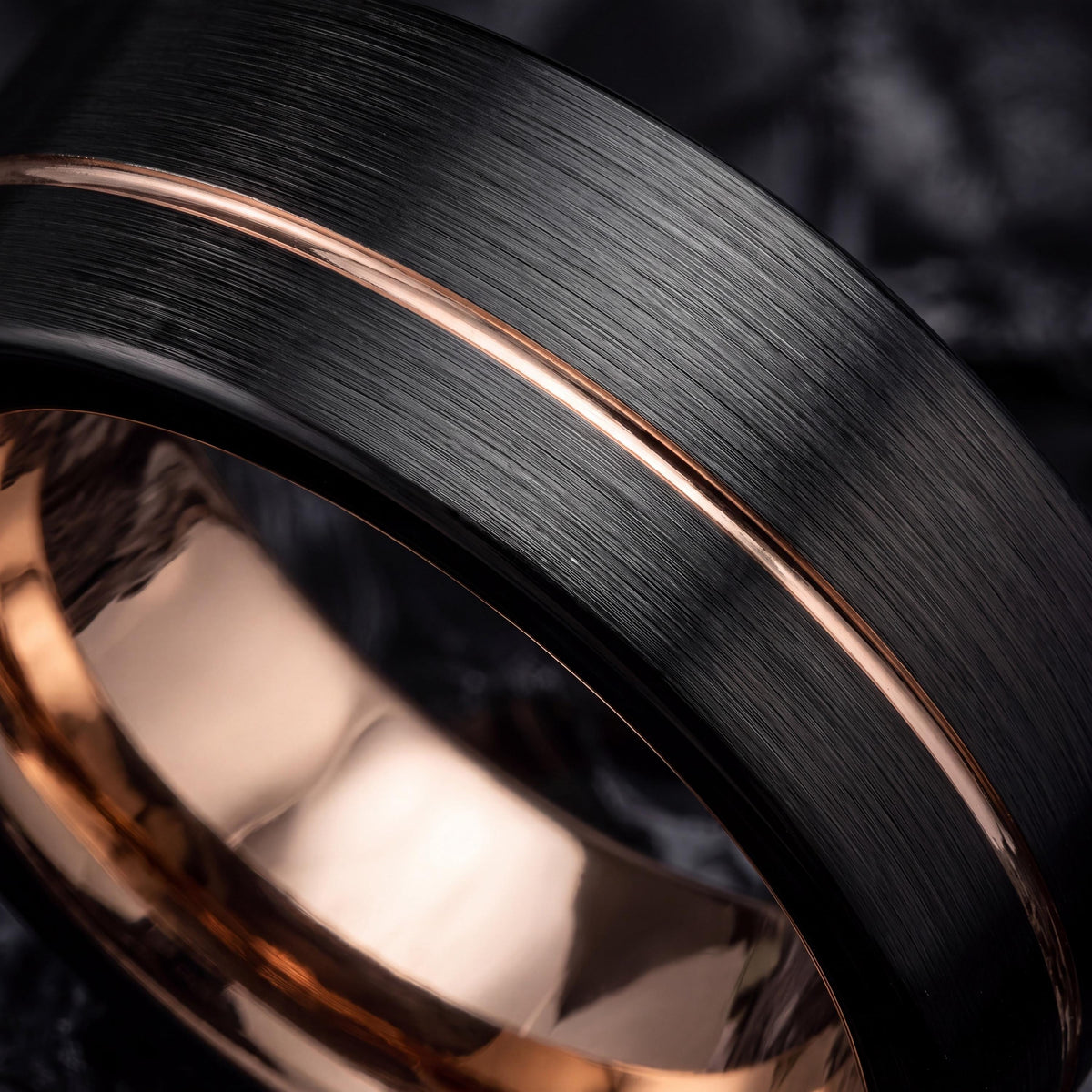 Mens Wedding Band - Black Rose Gold Tungsten Ring - 9mm Flat Edge - Personalized Engraved - Custom Handmade - Gift for Him