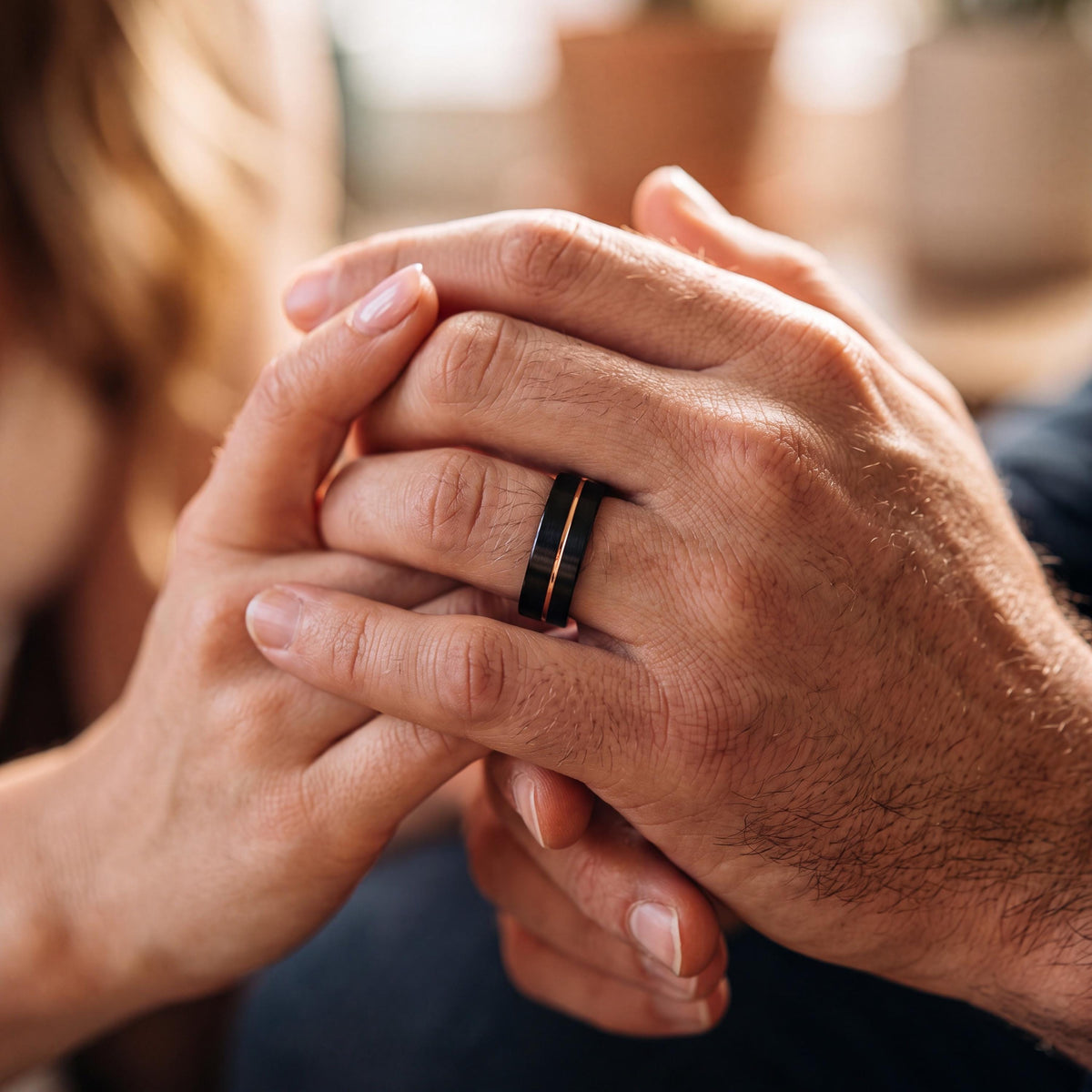 Mens Wedding Band - Black Rose Gold Tungsten Ring - 9mm Flat Edge - Personalized Engraved - Custom Handmade - Gift for Him
