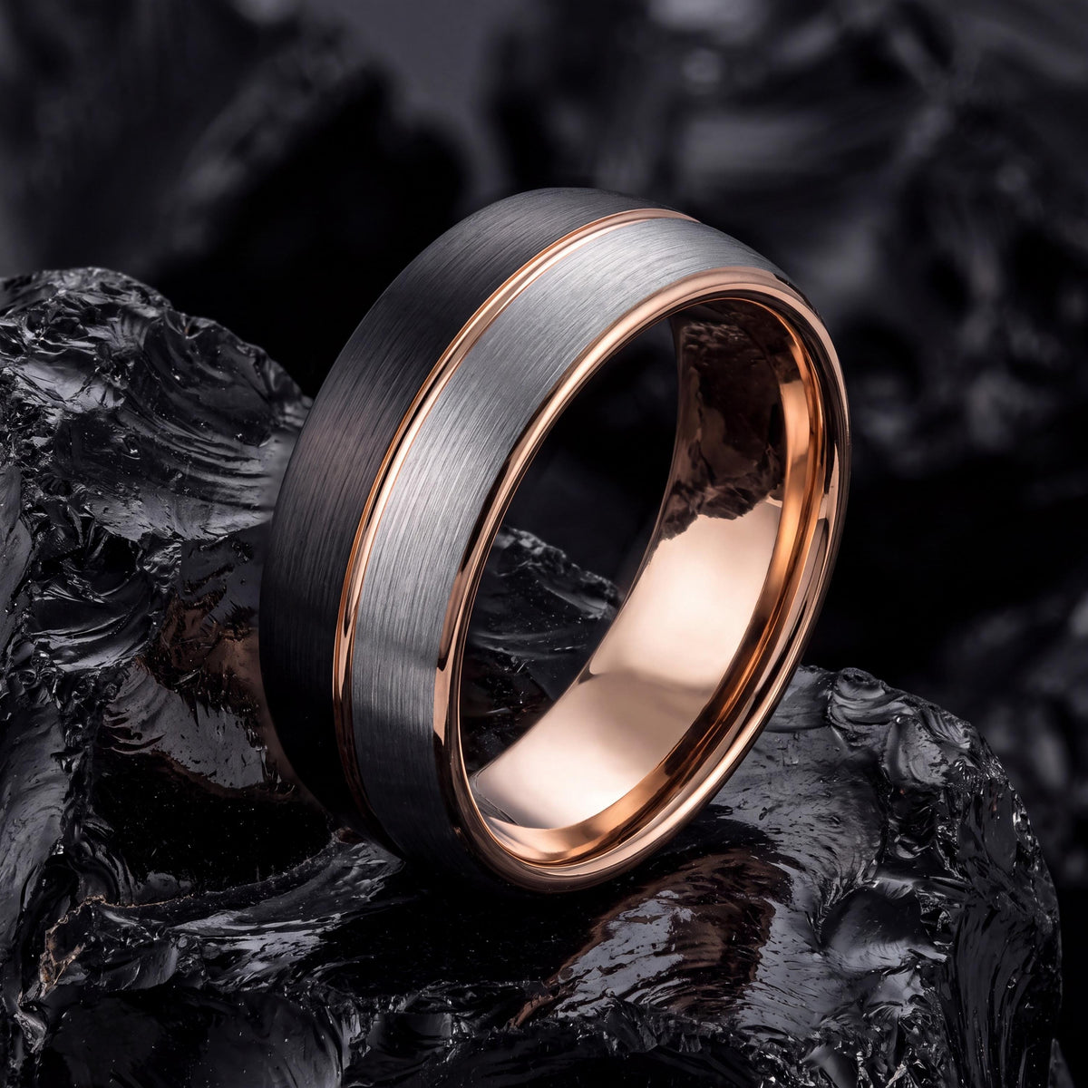 Tungsten Carbide Wedding Band Set, Black Silver Rose Gold, His and Hers