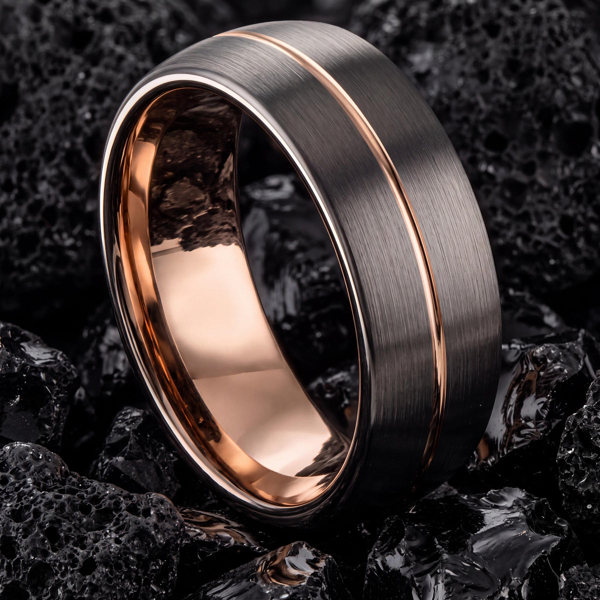 Mens Wedding Band Tungsten,Curved Wedding Band,Wedding Band Set His And Hers Unique,Male Wedding Band Gunmetal 4Mm,Rose Gold Cursive Letters