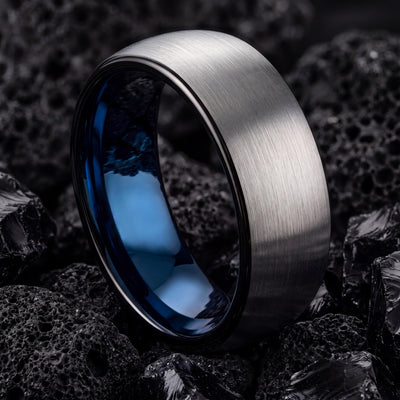 Textured Tungsten Wedding Band, Silver Ring, Blue Interior