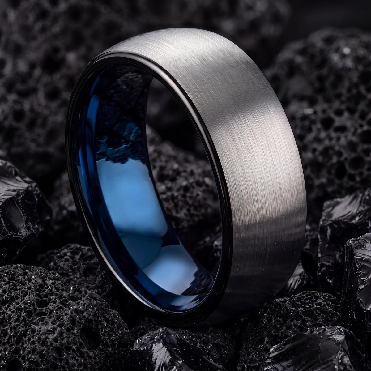 Textured Tungsten Wedding Band, Silver Ring, Blue Interior