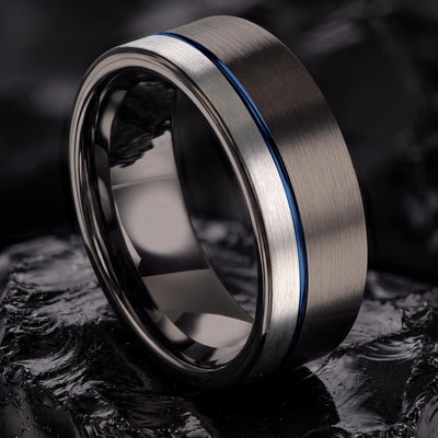 Gunmetal Tungsten Wedding Band Set, Blue Accent Line, Matching Rings