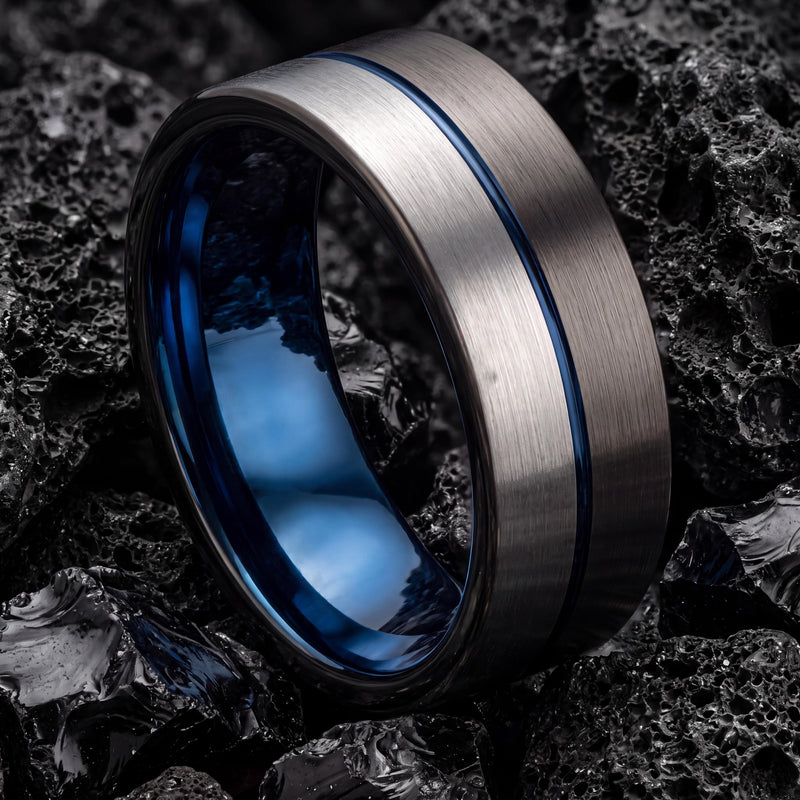 Wedding Bands,Tungsten Wedding Band,Unique Wedding Bands,Minimalist Wedding,Male Wedding Band Gunmetal 6mm,Silver Chunky Ring,Mens Blue Ring