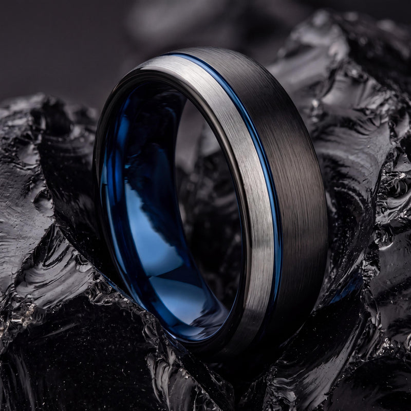 Tungsten Wedding Band,Mens Tungsten Wedding Band,Unique Mens Wedding Band,Custom Wedding Band,Rings Silver,Black Metal,Blue Wedding Bands,10