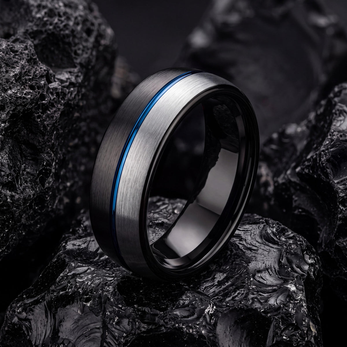 Mens Tungsten Wedding Band,Matching Wedding Bands His And Hers,Two Tone Wedding Band Set,Smooth Silver Ring,Black Rings,Dusty Blue Wedding,1