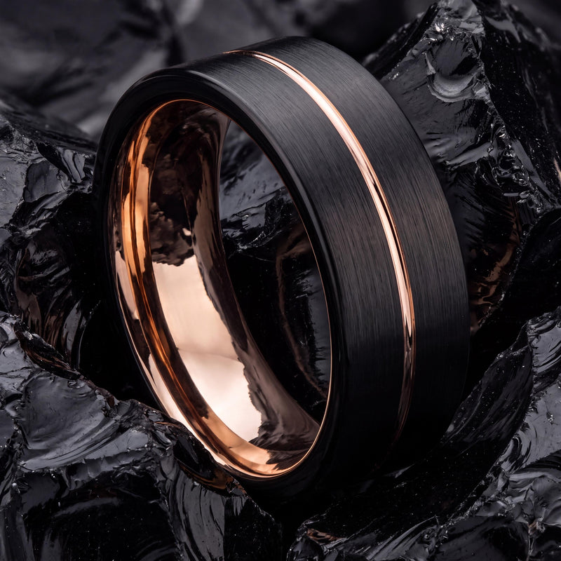 Promise Ring, Black Rose Gold Tungsten Band, 9mm Flat Edge, Custom, Personalized, Minimalist, Handmade, Engraved, Gift for Boyfriend
