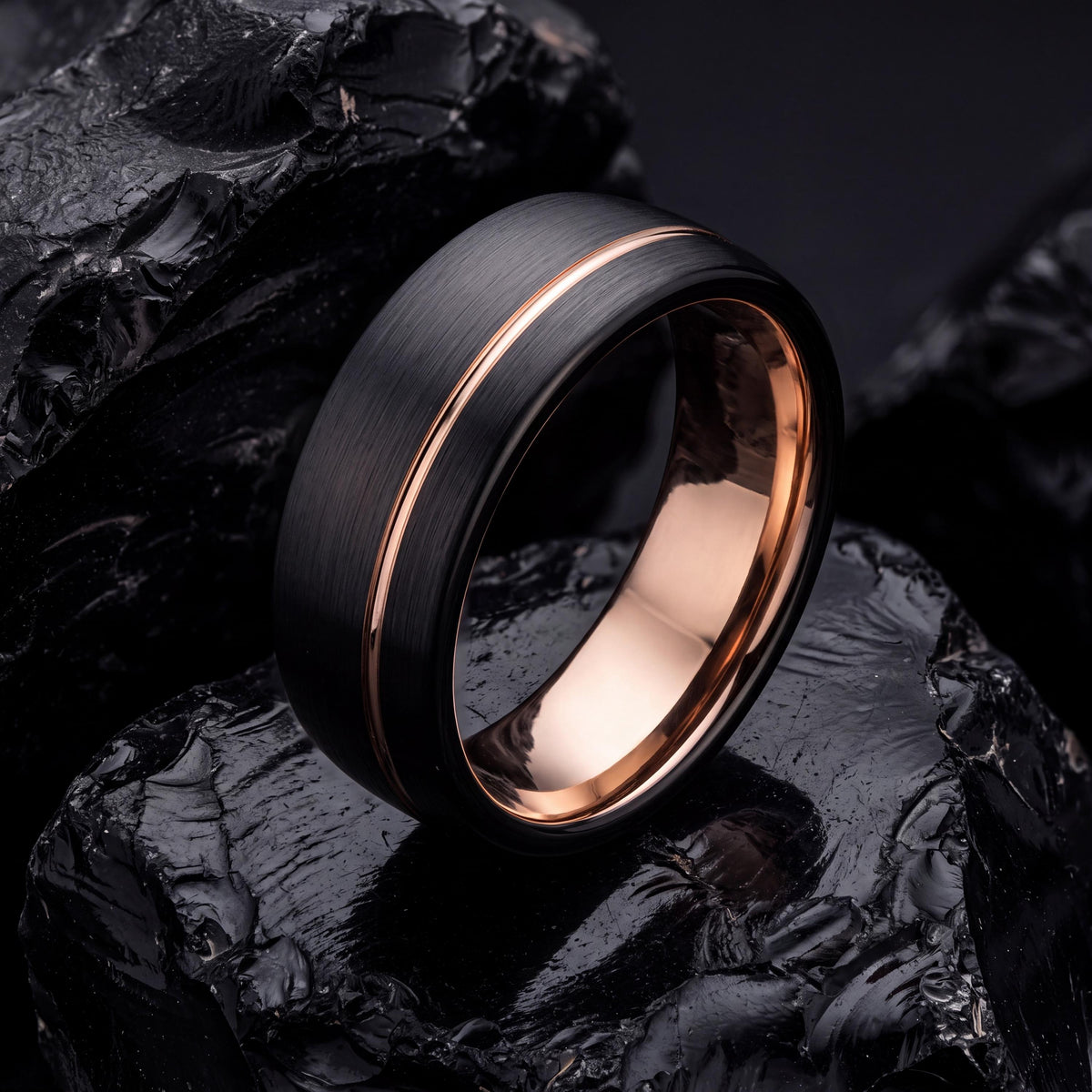 Mens Wedding Band, Black Rose Gold Tungsten Ring, 8mm Dome Edge, Jewelry, Custom, Personalized, Minimalist, Handmade, Gift for Him