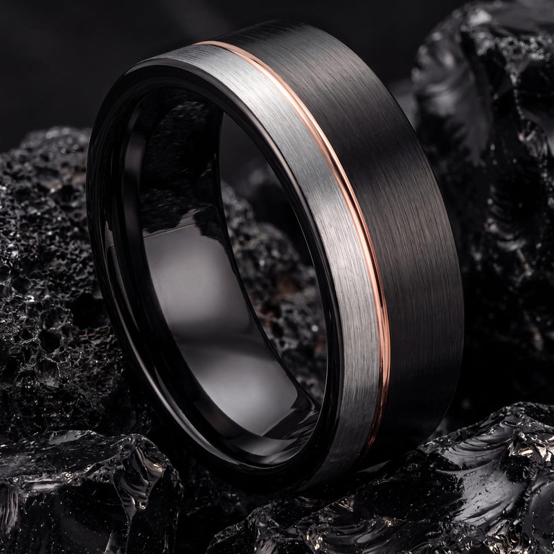 Wedding Band Men,Womens Wedding Ring,Rose Gold and Black Tungsten Wedding Band,Silver Couples Rings,Rose Gold Ring,Mens Wedding Band Black,8