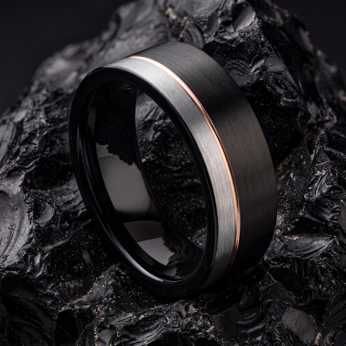 Wedding Band Men,Womens Wedding Ring,Rose Gold and Black Tungsten Wedding Band,Silver Couples Rings,Rose Gold Ring,Mens Wedding Band Black,8