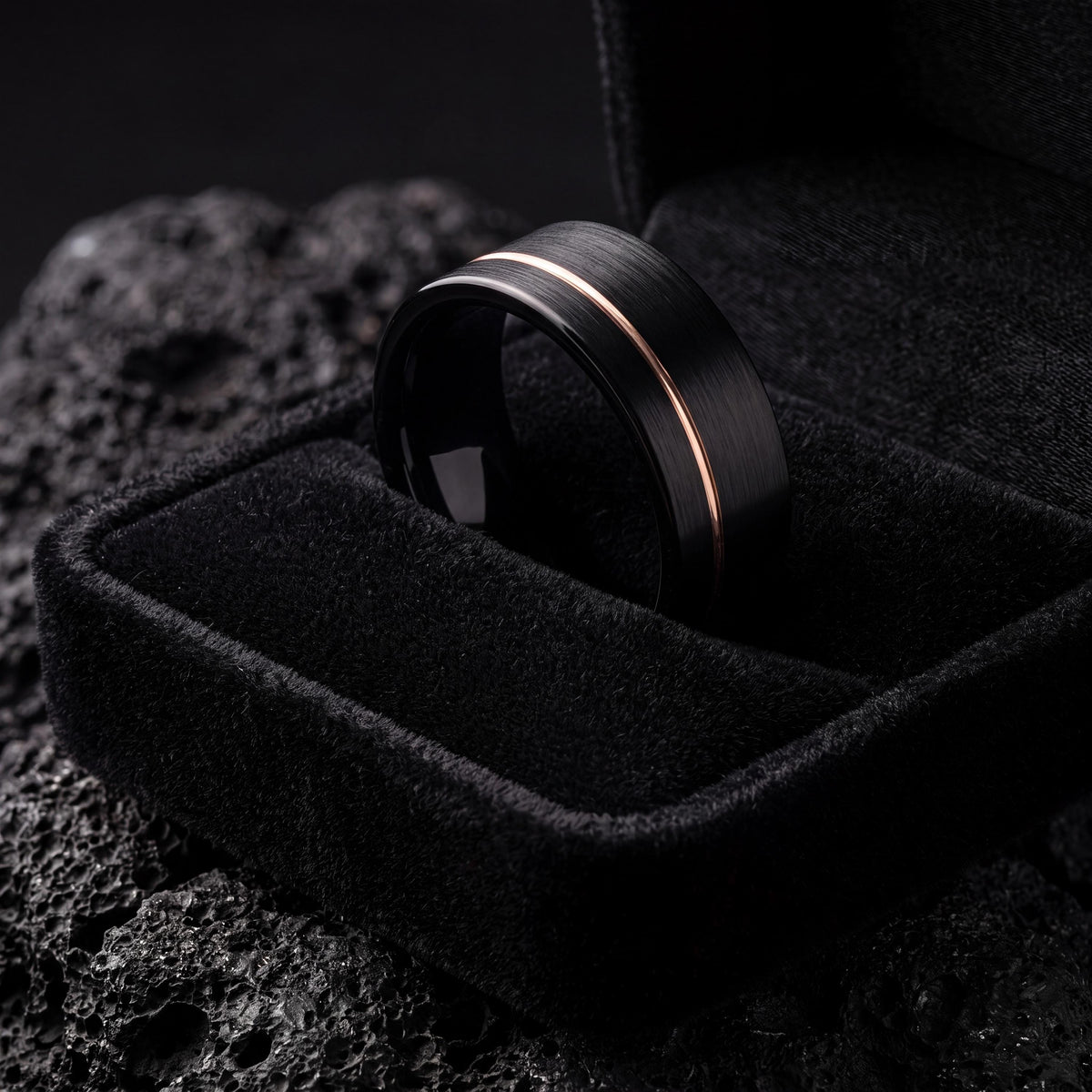 Scratch Proof Comfort Fit Mens Wedding Band, Black Rose Gold Tungsten Ring, 8mm Flat, Custom Engraved, Personalized, Gift for Him