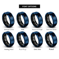 font options for inside engraving on black & blue isometric dot grid rings