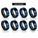 font options for inside engraving on black & blue isometric dot grid rings