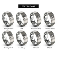 font options for inside engraving on grey jain om lotus rings