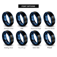 font options for inside engraving on black & blue javascript rings