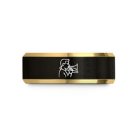 unique engagement rings – black & gold tungsten trombone player wedding band