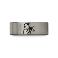 custom engraved rings – gold & gray tungsten trombone player wedding band