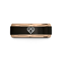 wedding bands for couples – black & rose gold tungsten celtic heart knot wedding band