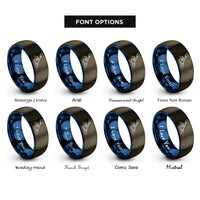 font options for inside engraving on gunmetal & blue kayak paddle wave rings