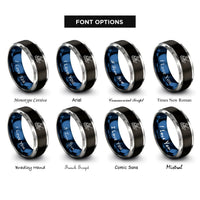 font options for inside engraving on black & blue & gray kayaker paddling wave rings