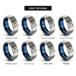 font options for inside engraving on blue & grey kayaker paddling wave rings