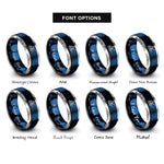 font options for inside engraving on blue & silver kayaker paddling wave rings