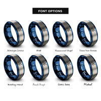 font options for inside engraving on blue & grey kayaker paddling wave rings