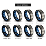 font options for inside engraving on black & blue & grey ketch sailboat rings