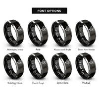 font options for inside engraving on black & silver keyframe diamond rings