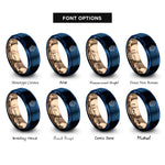 font options for inside engraving on blue & rose gold kissing mermaids heart rings