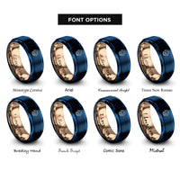 font options for inside engraving on blue & rose gold kissing mermaids heart rings