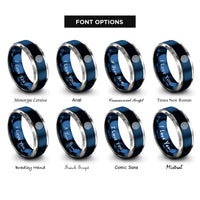 font options for inside engraving on blue & silver labyrinth path spiral rings