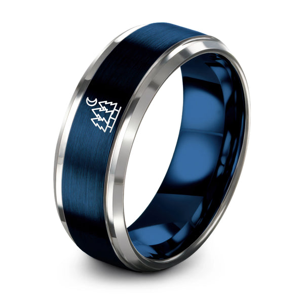 Tree Line Moon – Tungsten Wedding Band, 8 mm, Silver, Blue Comfort-Fit Unisex