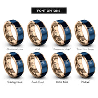 font options for inside engraving on rose gold & blue lambda sign rings