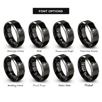 font options for inside engraving on black & grey laser warning symbol rings
