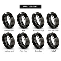 font options for inside engraving on black & gray leafy greens bunch rings