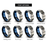 font options for inside engraving on blue & silver logarithmic spiral rings