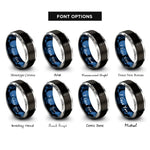 font options for inside engraving on black & blue & grey longboard surfboard wave rings