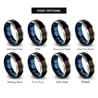 font options for inside engraving on black & blue & grey longboard surfboard wave rings