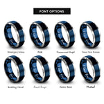 font options for inside engraving on blue & gray longboard surfboard wave rings