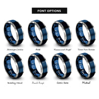 font options for inside engraving on blue & gray longboard surfboard wave rings