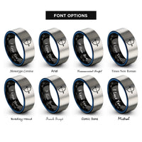 font options for inside engraving on black & blue & grey longbow arrow rings