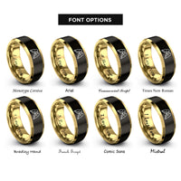 font options for inside engraving on black & gold lovebirds heart rings