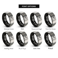 font options for inside engraving on black & silver mallets crossed pair rings
