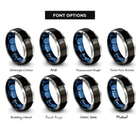 font options for inside engraving on black & blue & gray map scroll compass rings