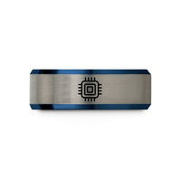 matching promise ring sets – blue & grey tungsten cpu microchip wedding band