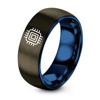 Matching Engagement Rings for Couples – gunmetal & blue tungsten cpu microchip ring