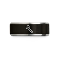 engraved ring for friends – black & grey tungsten adjustable wrench wedding band