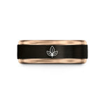 engraved promise rings set – black & rose gold tungsten tea leaf wedding band