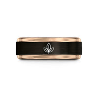 engraved promise rings set – black & rose gold tungsten tea leaf wedding band